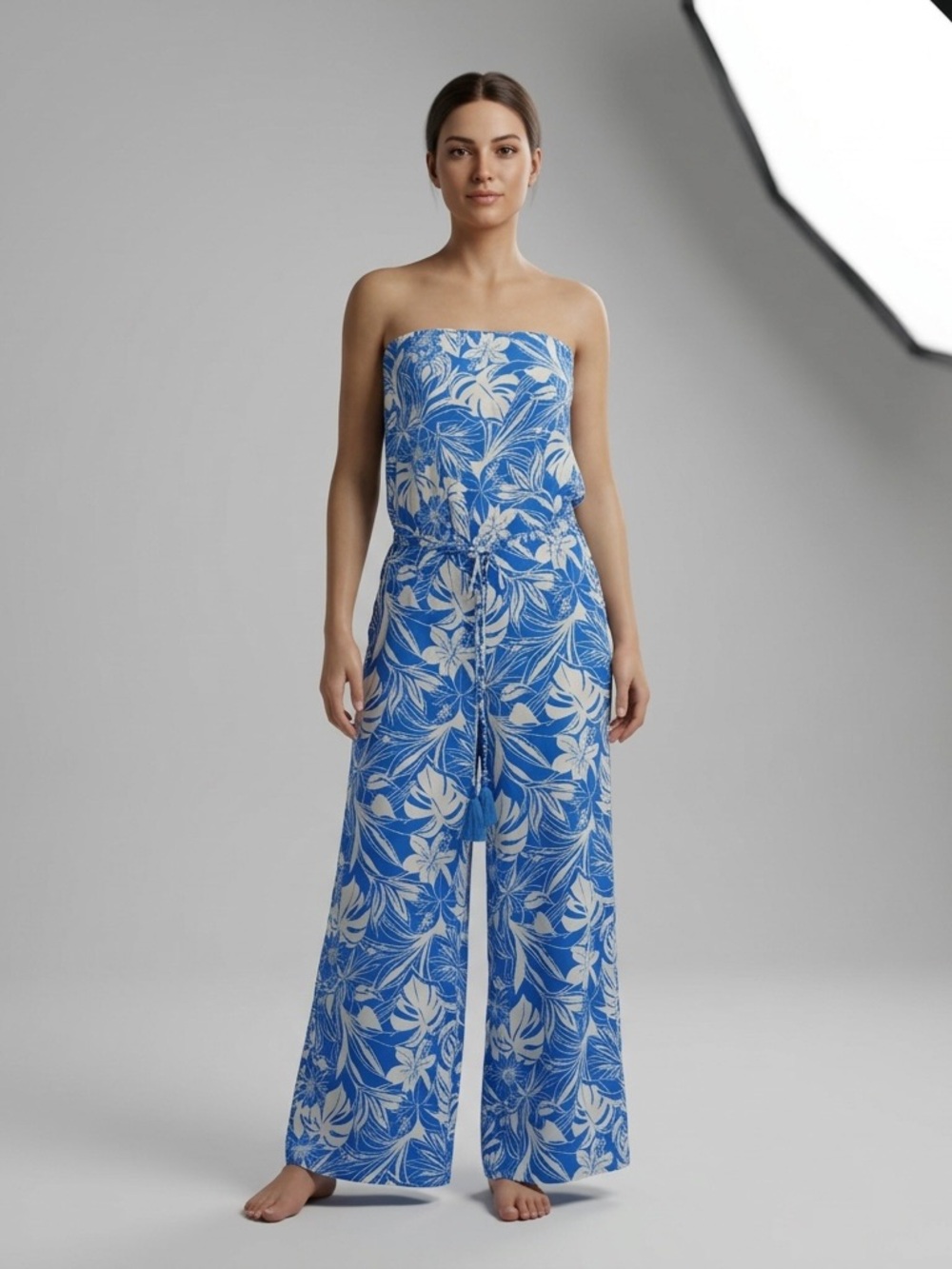 70’s Inspired Boho Tropical Jumpsuit – Strapless Wide Leg Vacation Resort Wear